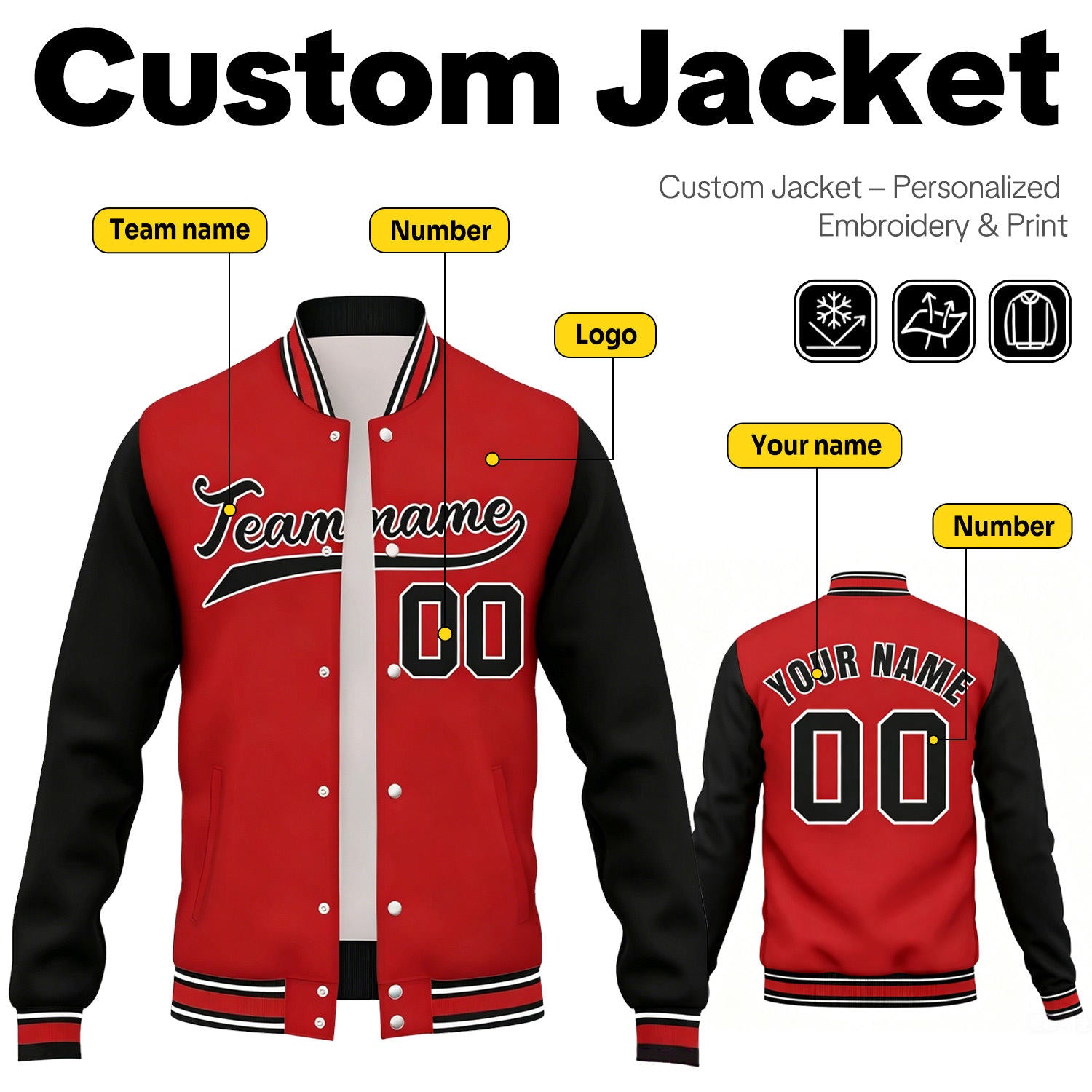 Custom Red & Black Contrast Sleeve Varsity Baseball Jacket | Personalized Team Name & Number