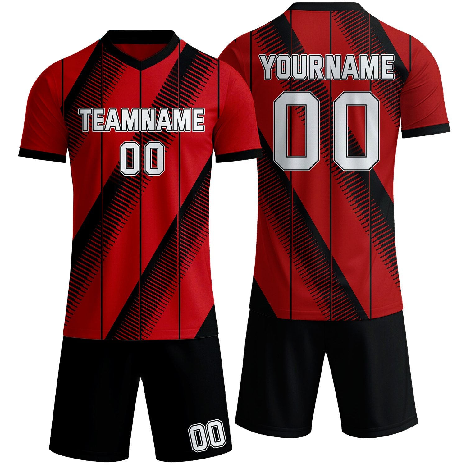 Custom red & black diagonal stripe soccer jersey set, personalized name number team logo, short-sleeve jersey with matching shorts sports uniform for men women youth adult game practice - Vosoli