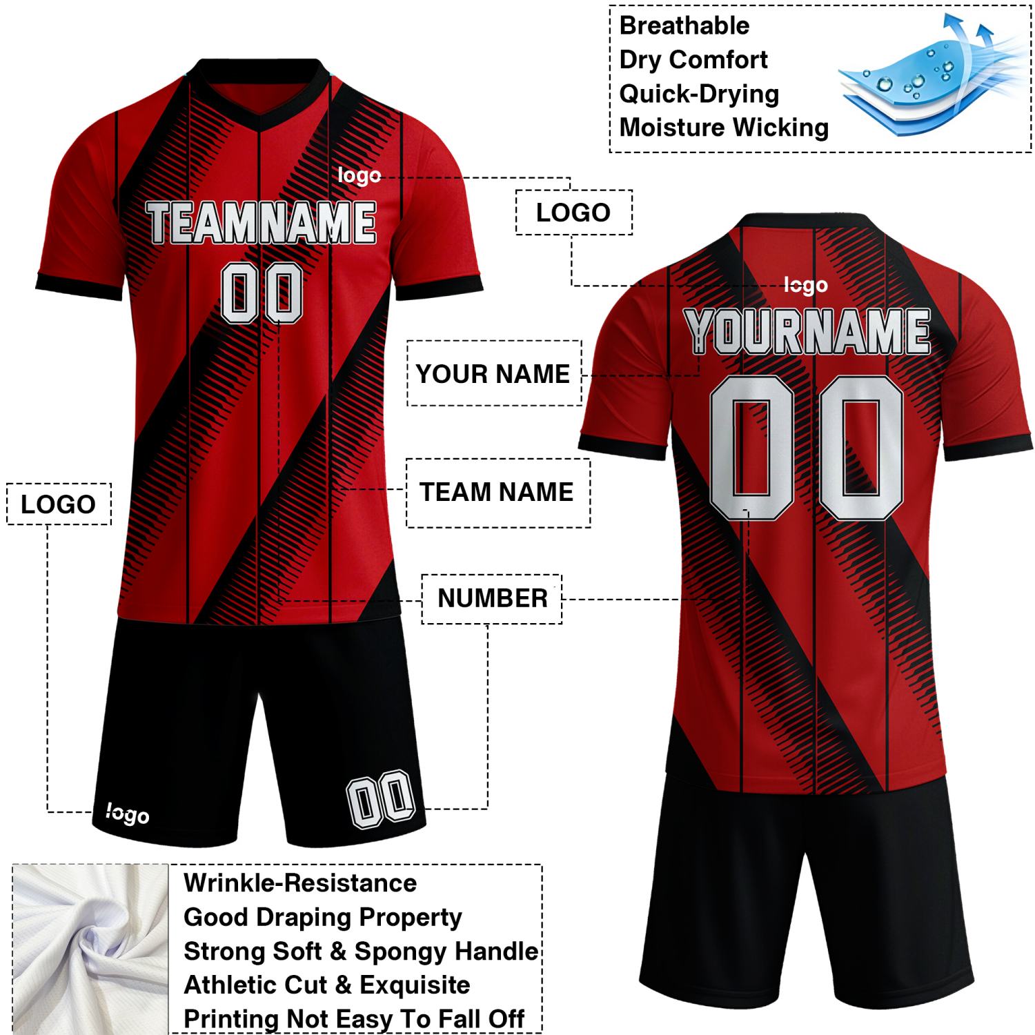 Custom red & black diagonal stripe soccer jersey set, personalized name number team logo, short-sleeve jersey with matching shorts sports uniform for men women youth adult game practice - Vosoli