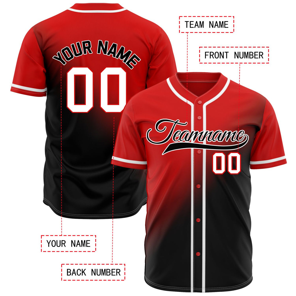Custom Red and Black Gradient Baseball Jersey - Personalized Team Sports Uniforms