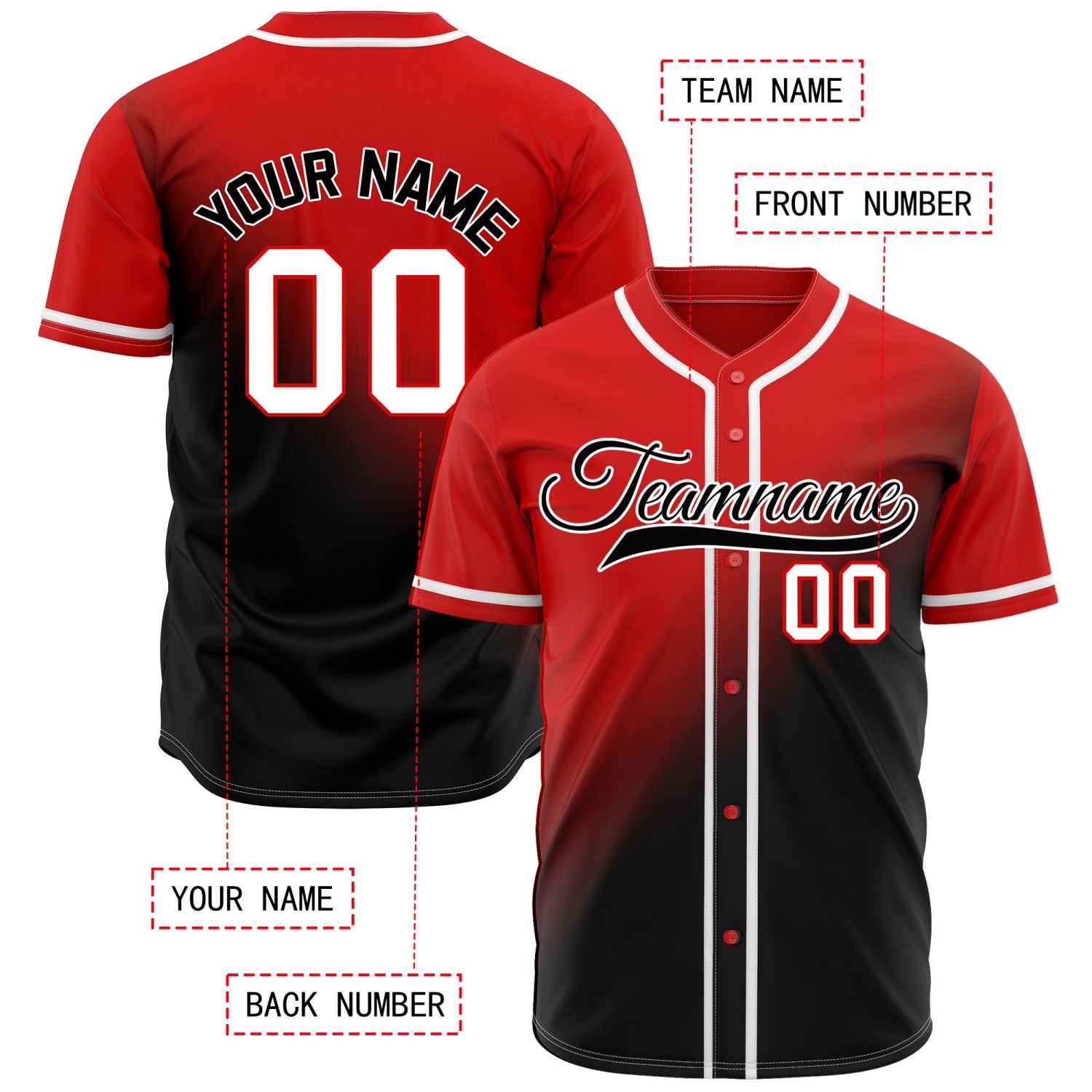 Custom red to black gradient baseball jersey, button-front style with white trim, suitable for team sports and casual wear - Vosoli