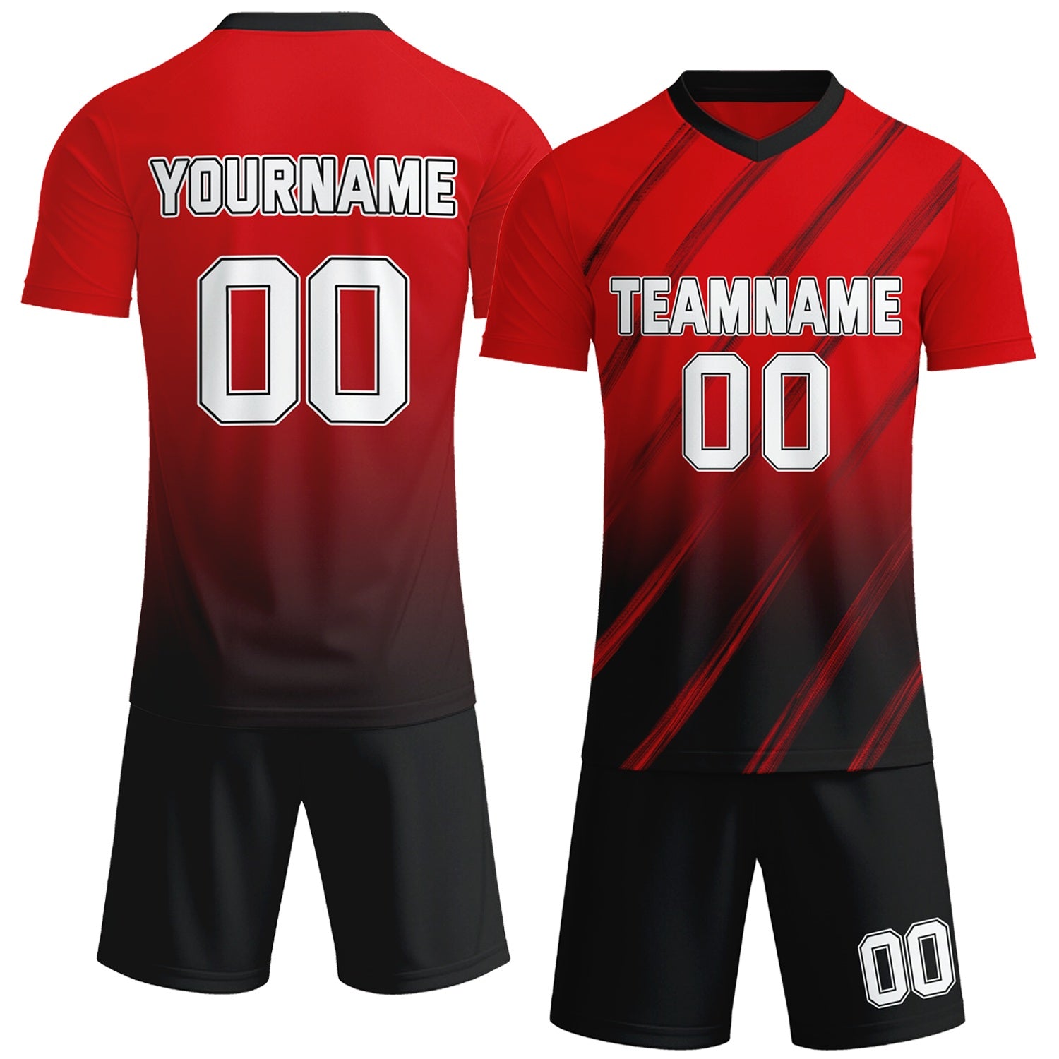 Custom red & black gradient soccer jersey set, personalized name number team logo, short-sleeve jersey with matching shorts sports uniform for men women youth adult game practice - Vosoli