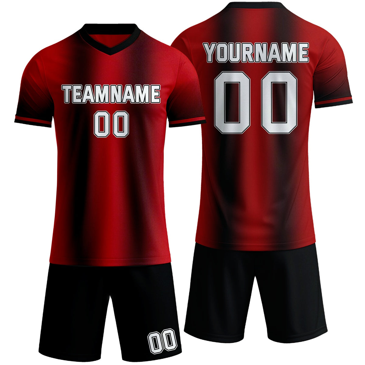 Custom red &amp; black gradient soccer jersey set, personalized name number team logo, short-sleeve jersey with matching shorts sports uniform for men women youth adult game practice - Vosoli
