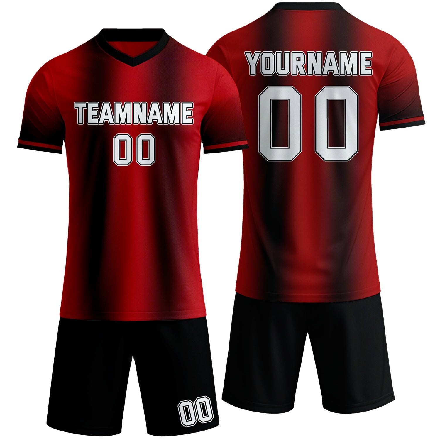 Custom red & black gradient soccer jersey set, personalized name number team logo, short-sleeve jersey with matching shorts sports uniform for men women youth adult game practice - Vosoli