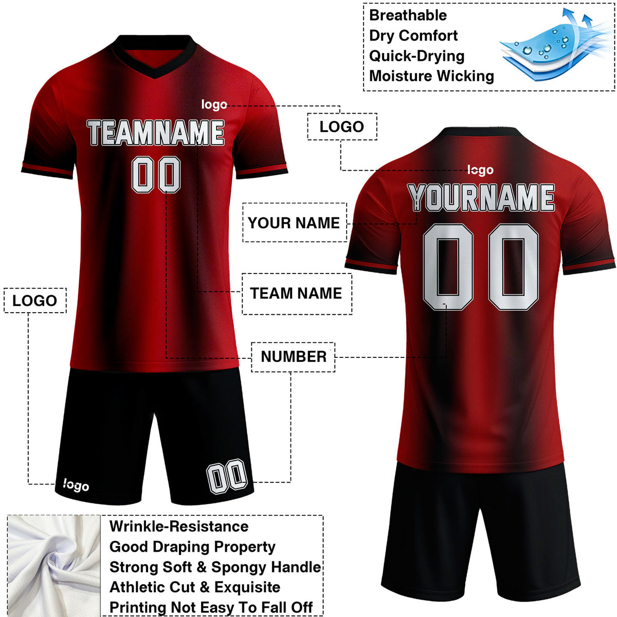 Custom Red & Black Gradient Soccer Jersey Set | Personalized Team Uniform | Vosoli