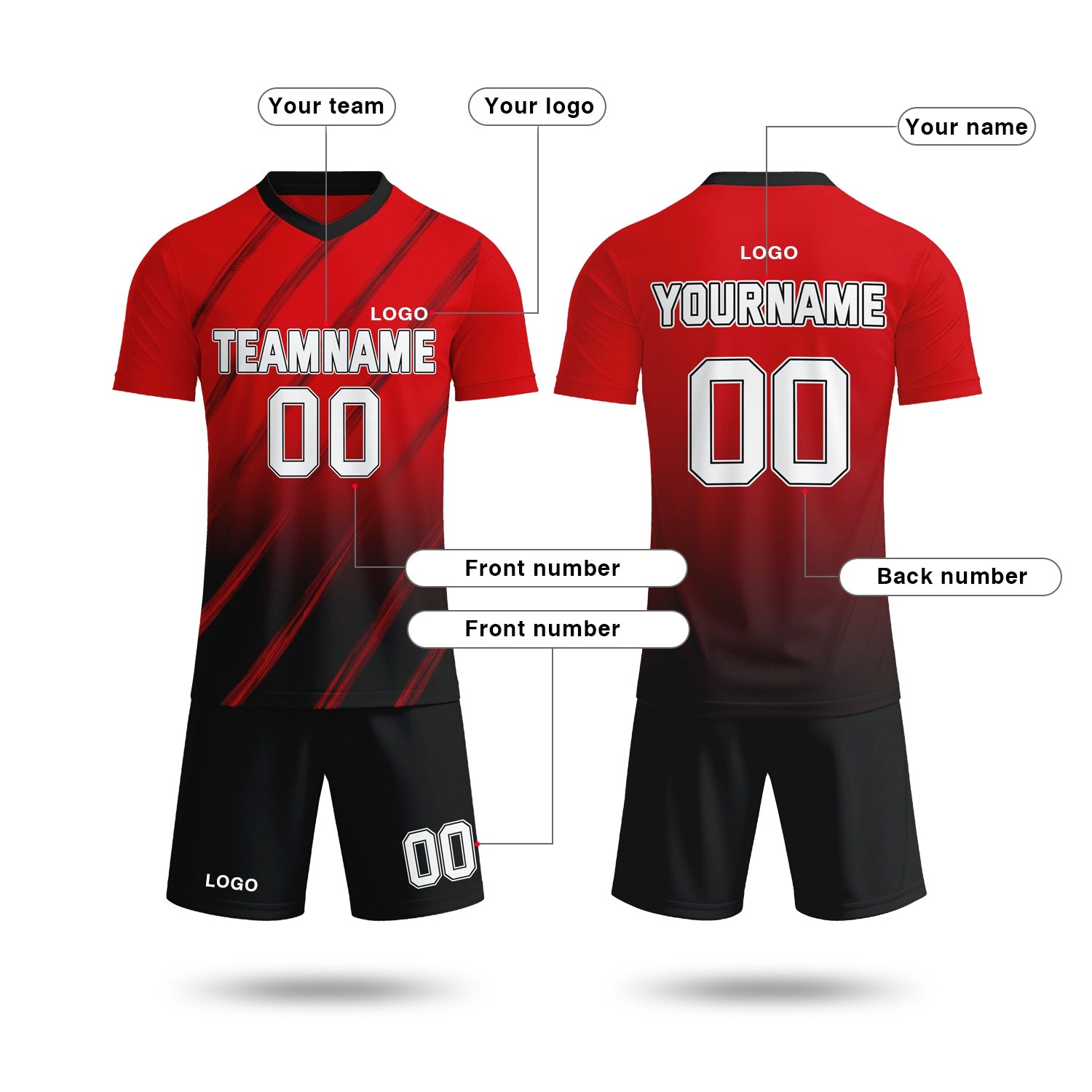 Custom red & black gradient soccer jersey set, personalized name number team logo, short-sleeve jersey with matching shorts sports uniform for men women youth adult game practice - Vosoli