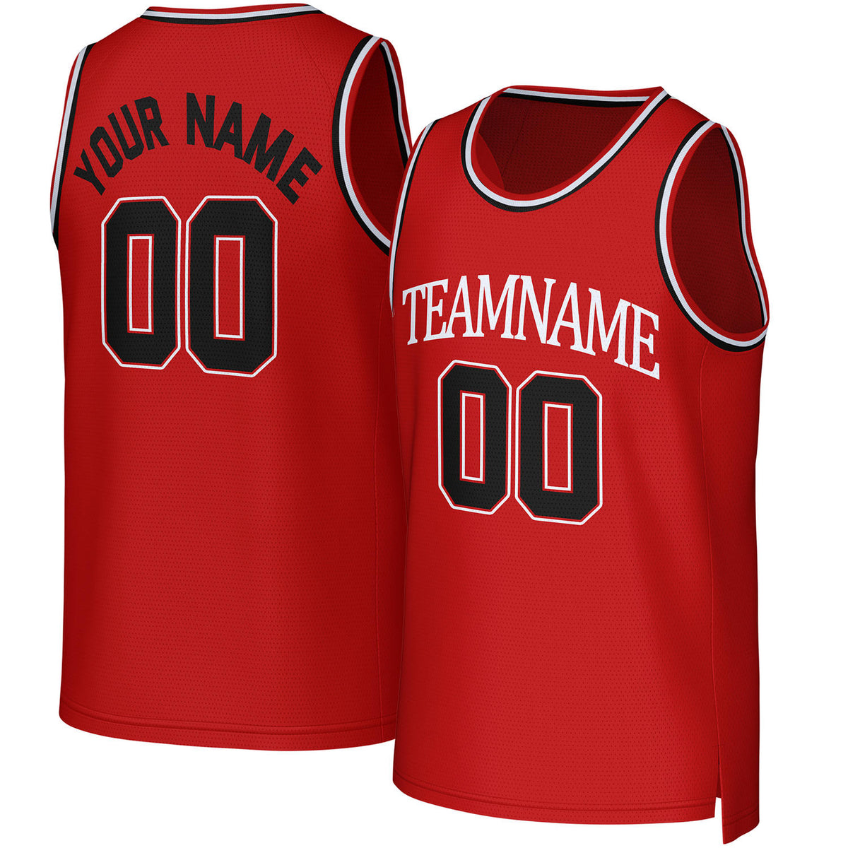 Custom red & black basketball jersey by Vosoli. Personalized with team name, player name, number, and logo. Breathable mesh jersey for high school, college, AAU teams.