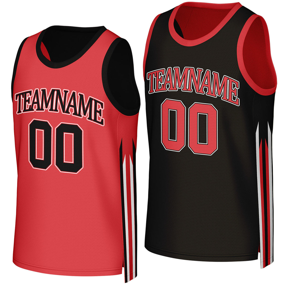 Custom red & black reversible basketball jersey by Vosoli. Personalized with team name, player name, number, and logo on both sides. Breathable mesh 2-in-1 jersey for high school, college, AAU teams.