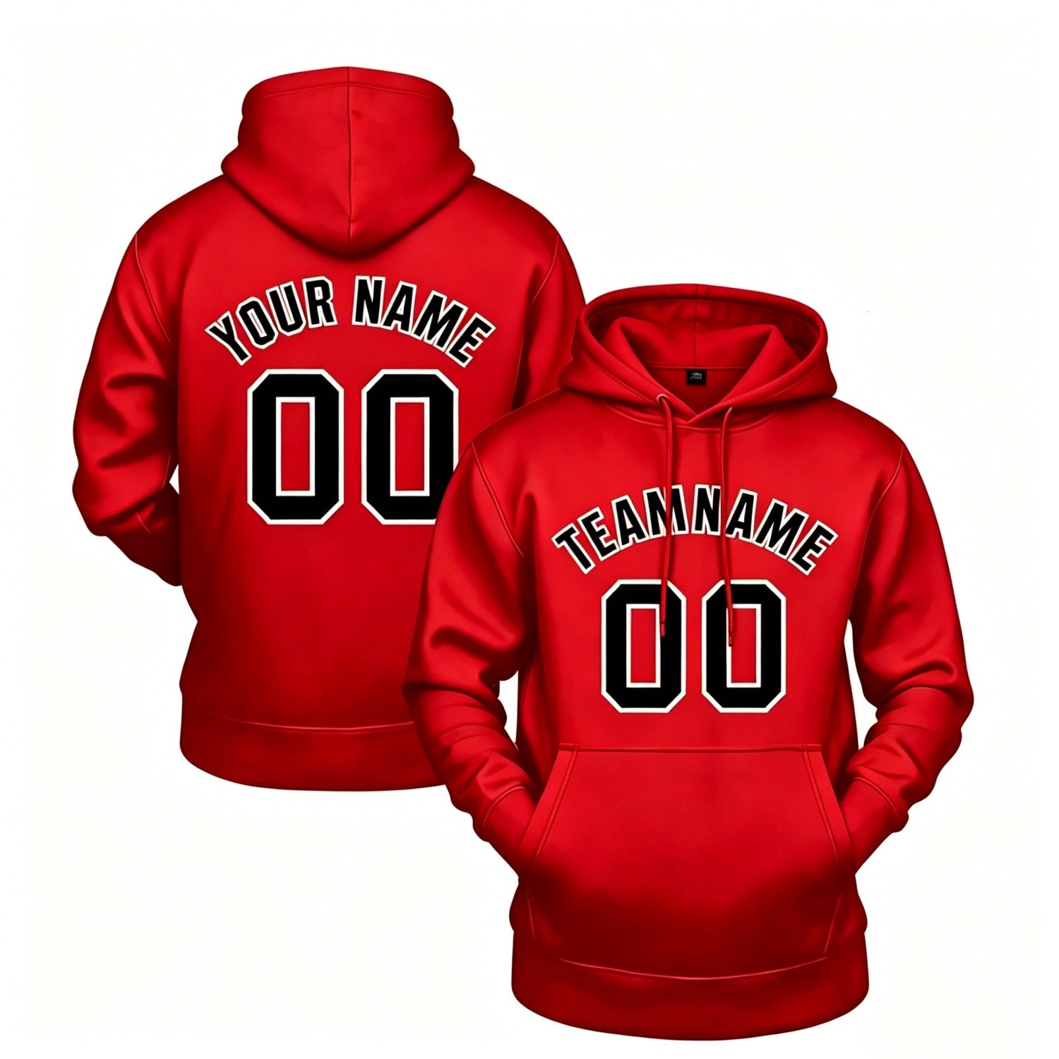 Custom red hoodie with black print, personalized name & number pullover, casual sports hoodie for men women youth fan wear - Vosoli