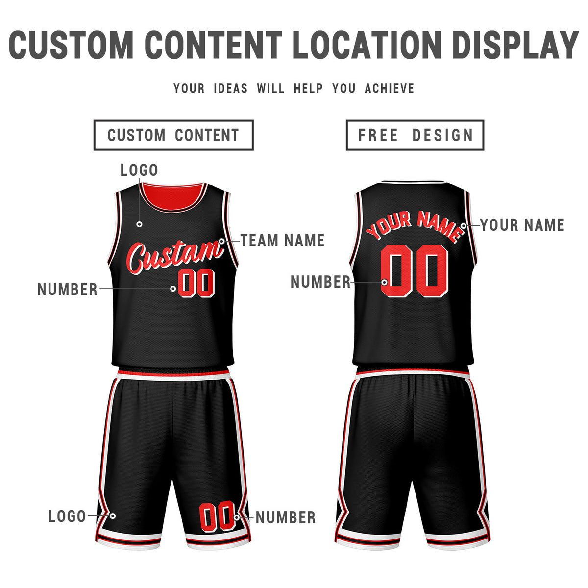 Custom Red Black Reversible Basketball Jersey Set | Personalized Name Number Mesh Sports Uniform