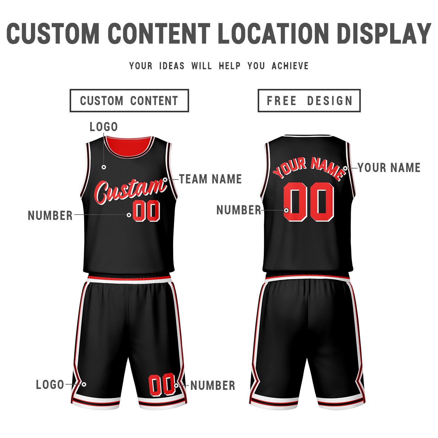 Custom Red Black Reversible Basketball Jersey Set | Personalized Name Number Mesh Sports Uniform
