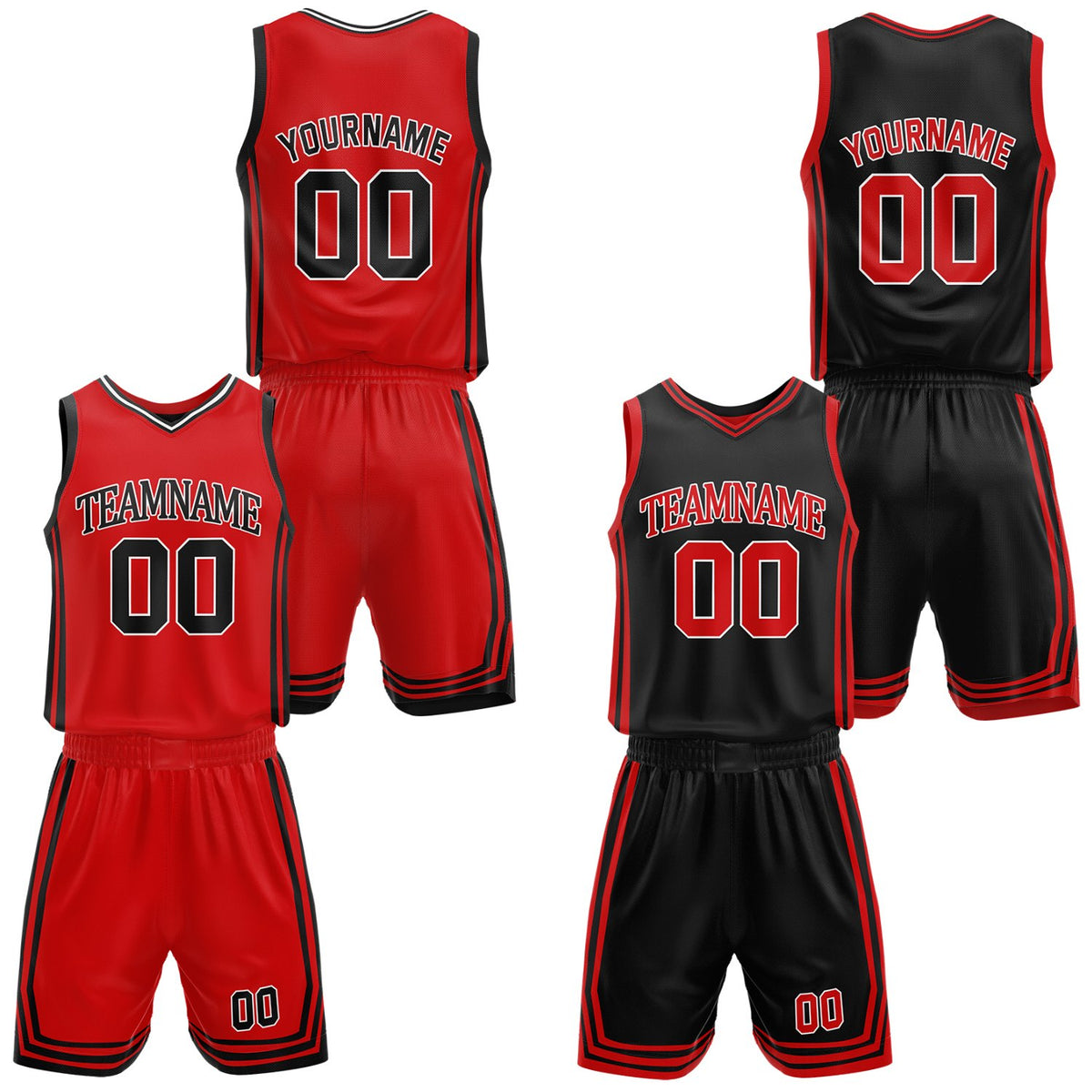 Custom red &amp; black reversible basketball jersey shorts set by Vosoli | Personalized team name number casual vintage uniform sportswear