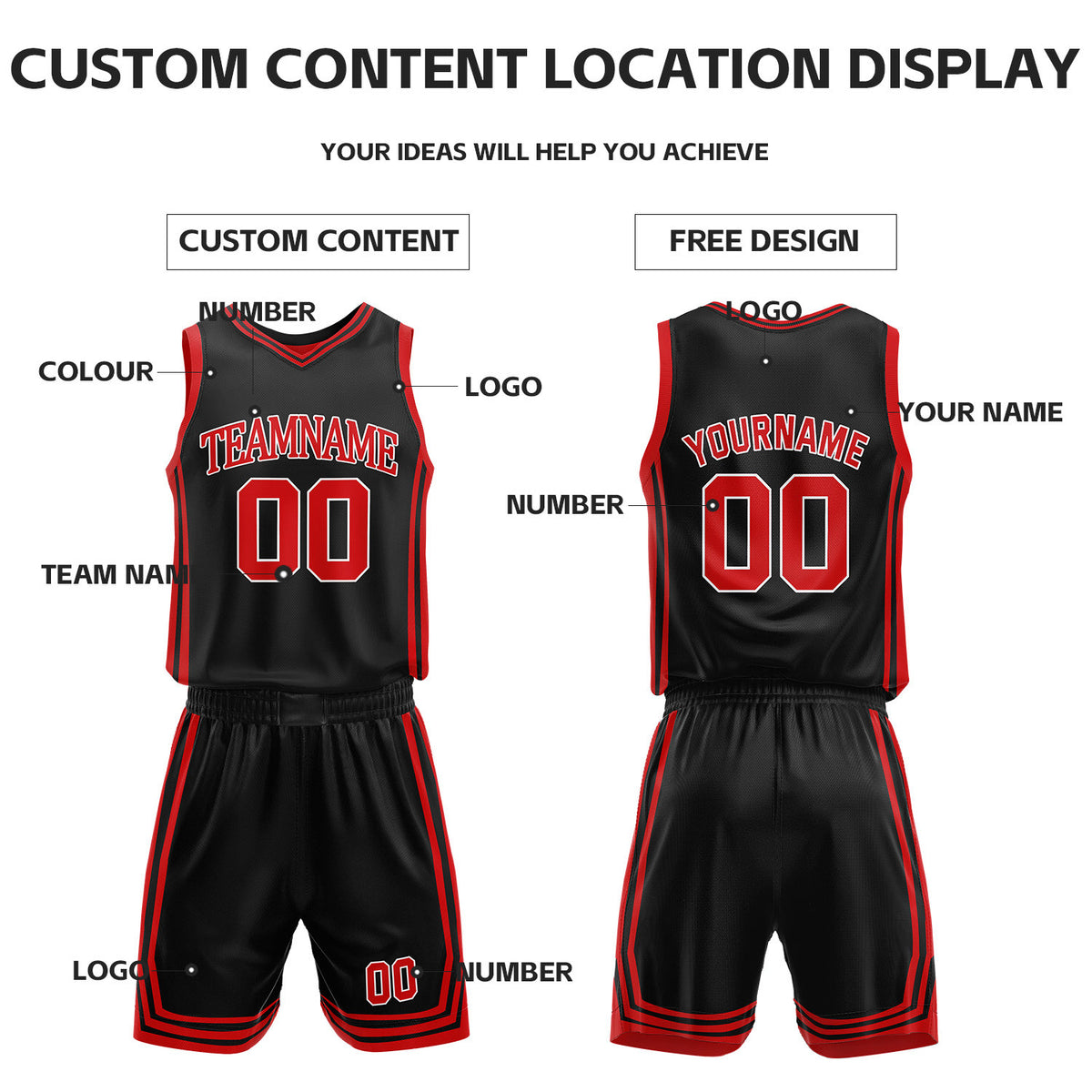 Custom Red & Black Reversible Basketball Jersey Shorts Set | Personalized Full Vintage Team Uniform