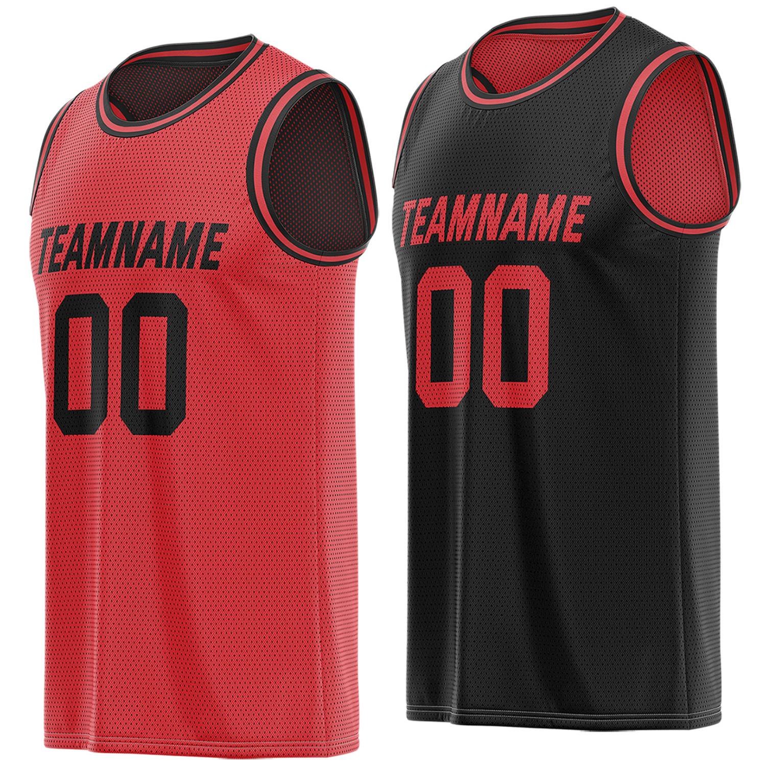 Custom red & black reversible basketball jersey, personalized team name number breathable mesh sports top with red trim for men women youth game practice - Vosoli