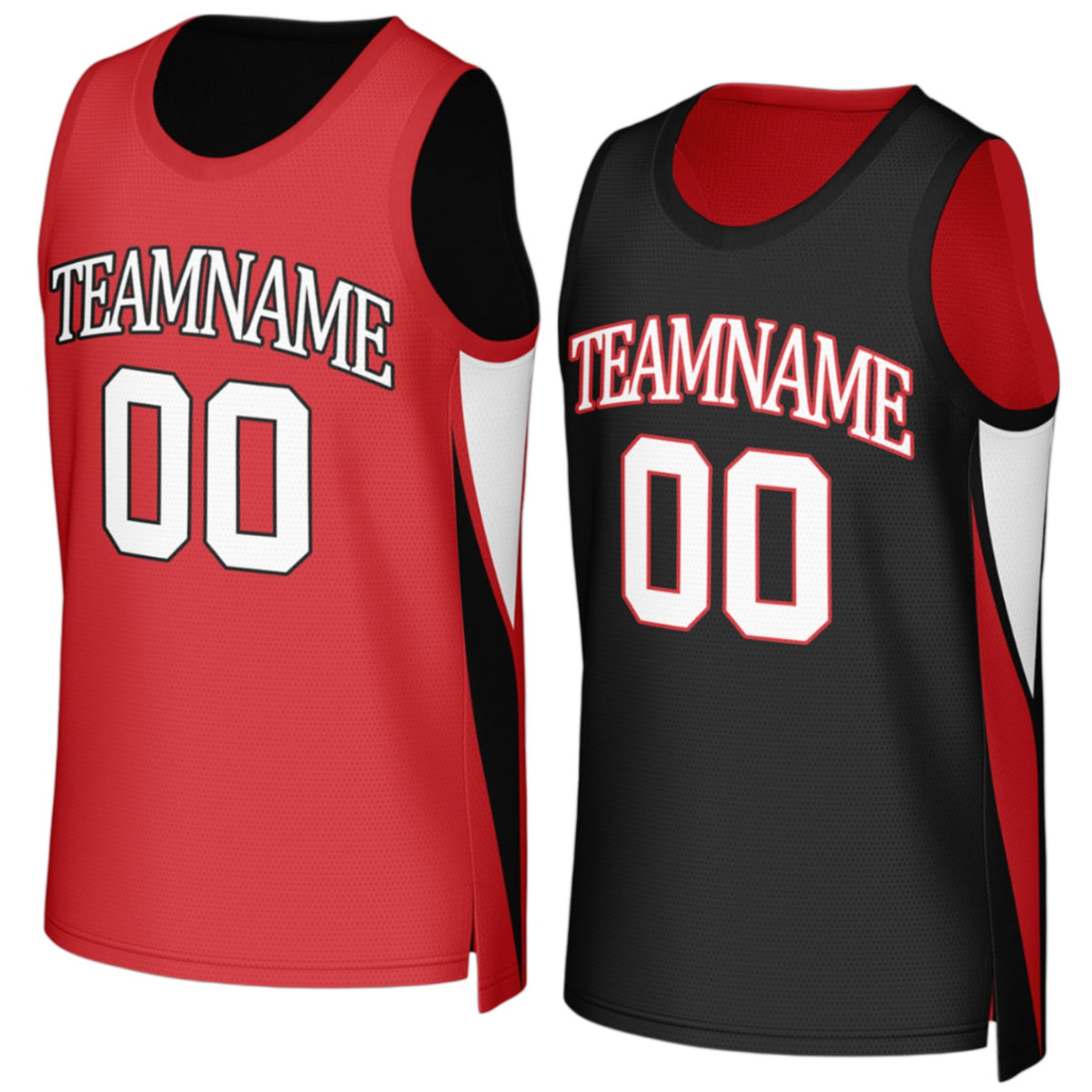 Custom red and black reversible basketball jersey by Vosoli with personalized team name, number and logo on both sides, breathable mesh 2-in-1 jersey for high school, college and AAU teams