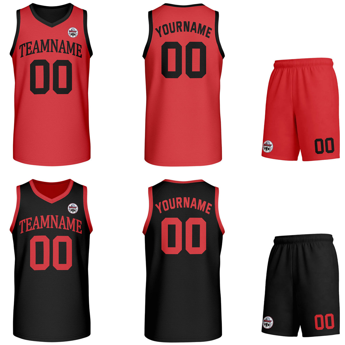 Custom red &amp; black Reversible basketball uniform set, personalized team name number logo breathable mesh jersey and shorts men women youth game practice - Vosoli