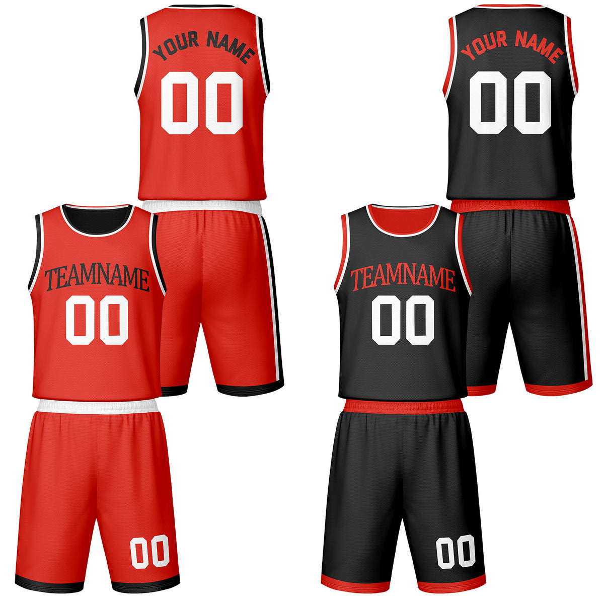 Custom Red &amp; Black Reversible Basketball Jersey Shorts Set | Personalized Team Uniform
