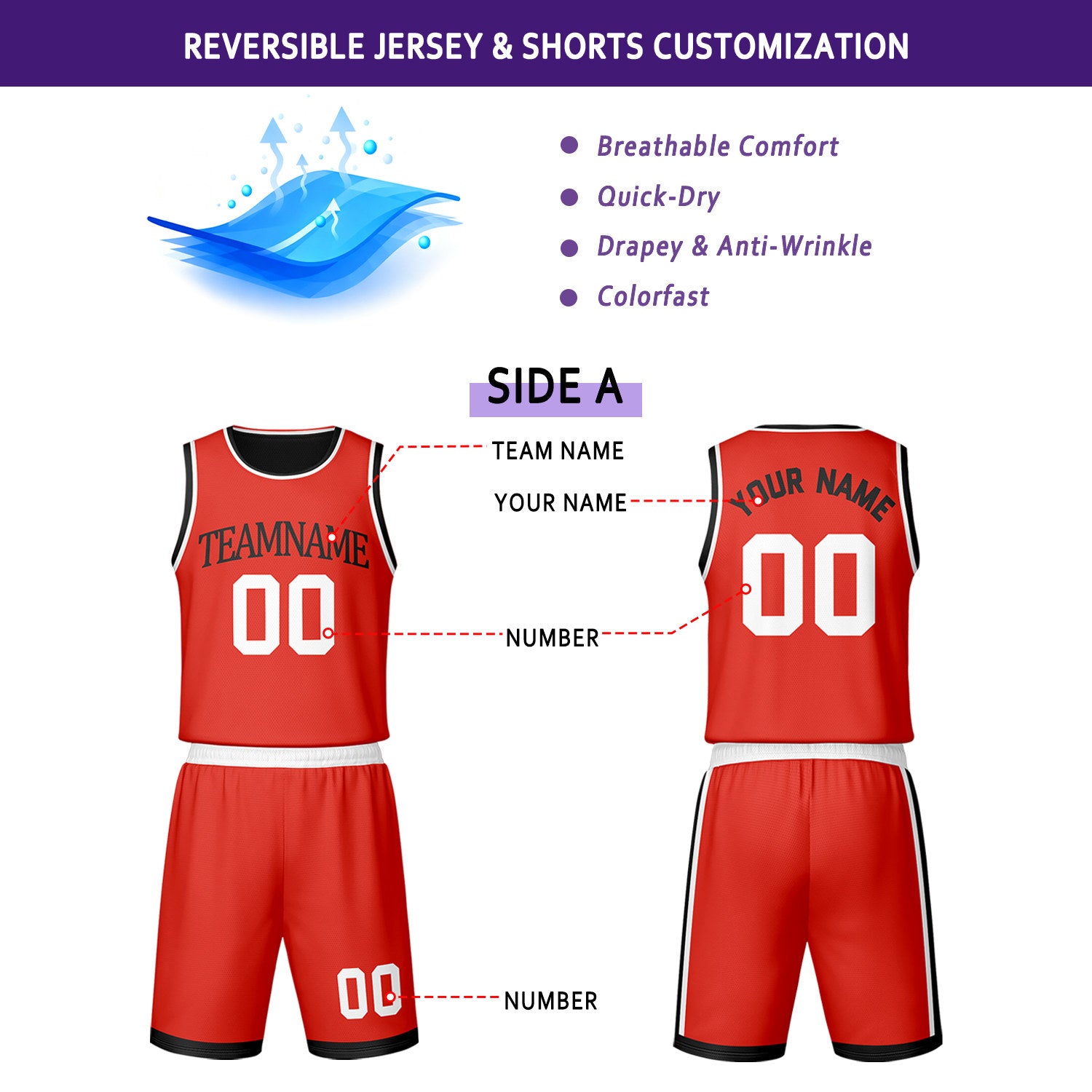 Custom Red & Black Reversible Basketball Jersey Shorts Set | Personalized Team Uniform