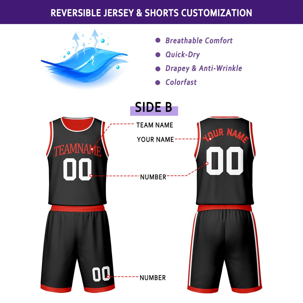 Custom Red & Black Reversible Basketball Jersey Shorts Set | Personalized Team Uniform