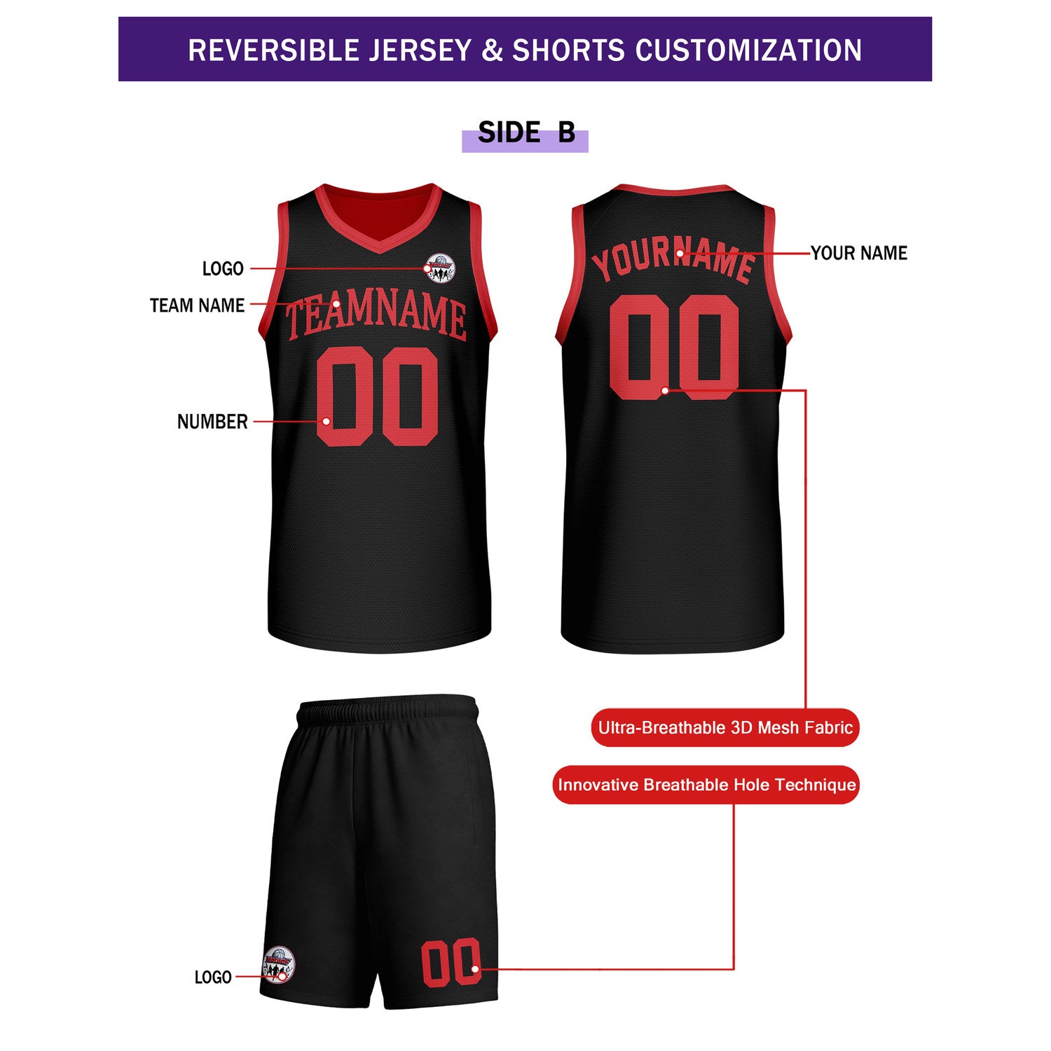 Custom Red & Black Reversible Basketball Uniform Set | Personalized Team Name & Number - Vosoli