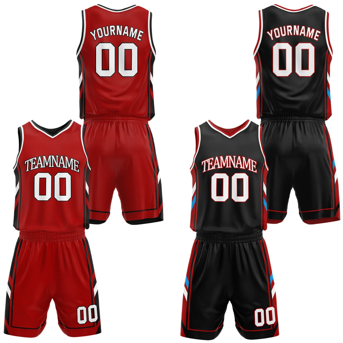Custom red and black reversible basketball uniform by Vosoli. Personalized with team name, number, and logo. Breathable mesh jersey and shorts for high school, college, and AAU teams.