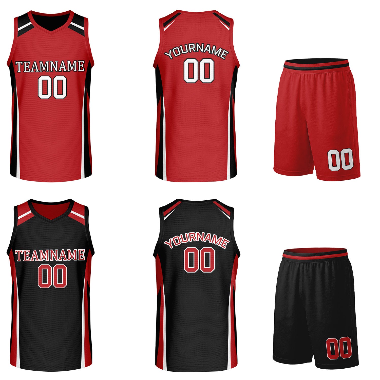 Custom red and black reversible basketball uniform by Vosoli. Personalized with team name, number, and logo. Breathable mesh jersey and shorts for high school, college, and AAU teams.
