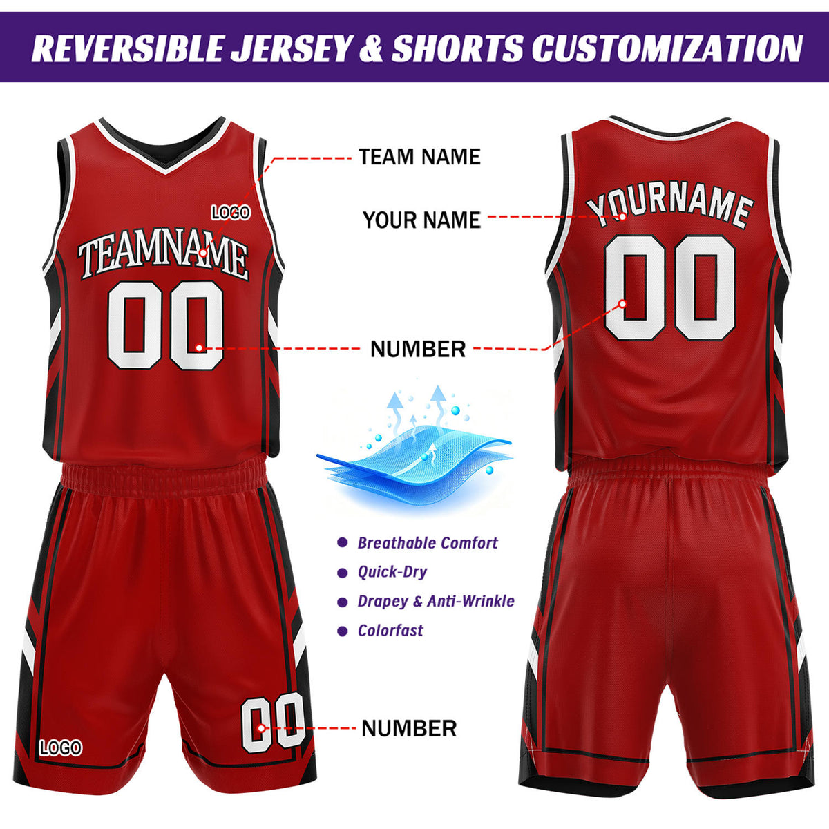 Custom Red & Black Reversible Basketball Uniform Set | Personalized Name Number Sports Jersey Shorts Kit