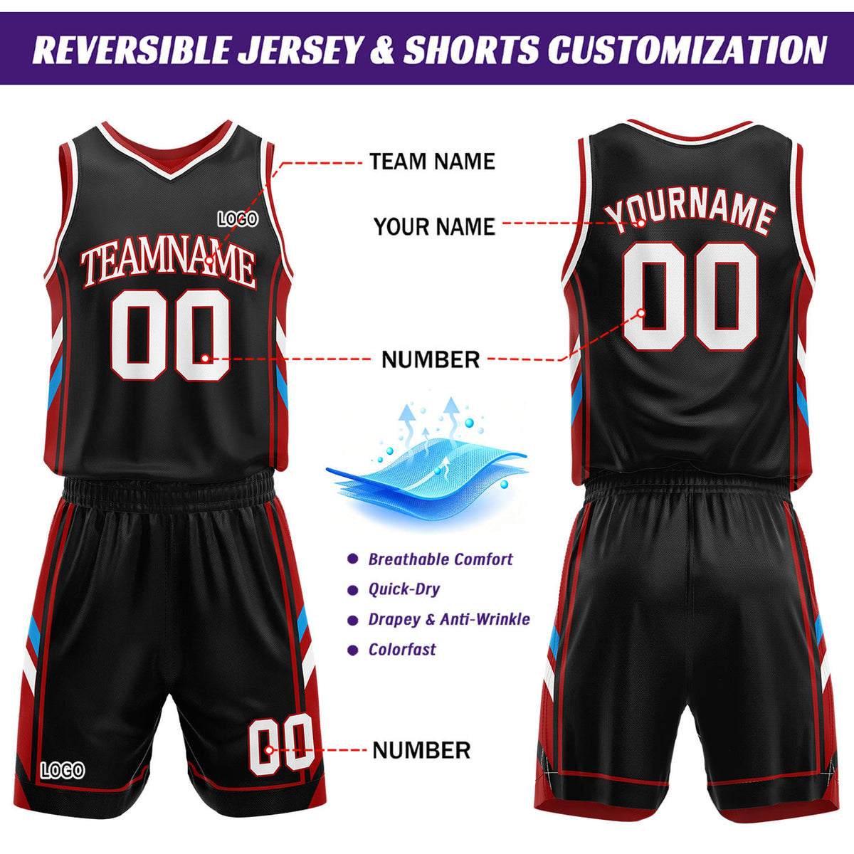 Custom Red & Black Reversible Basketball Uniform Set | Personalized Name Number Sports Jersey Shorts Kit