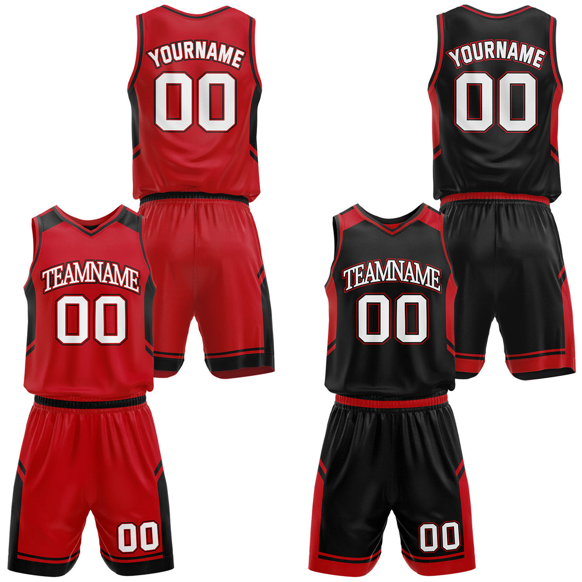 Custom red and black middle school basketball uniforms, reversible jersey and shorts set with personalized name &amp; number, breathable mesh for adult &amp; youth.