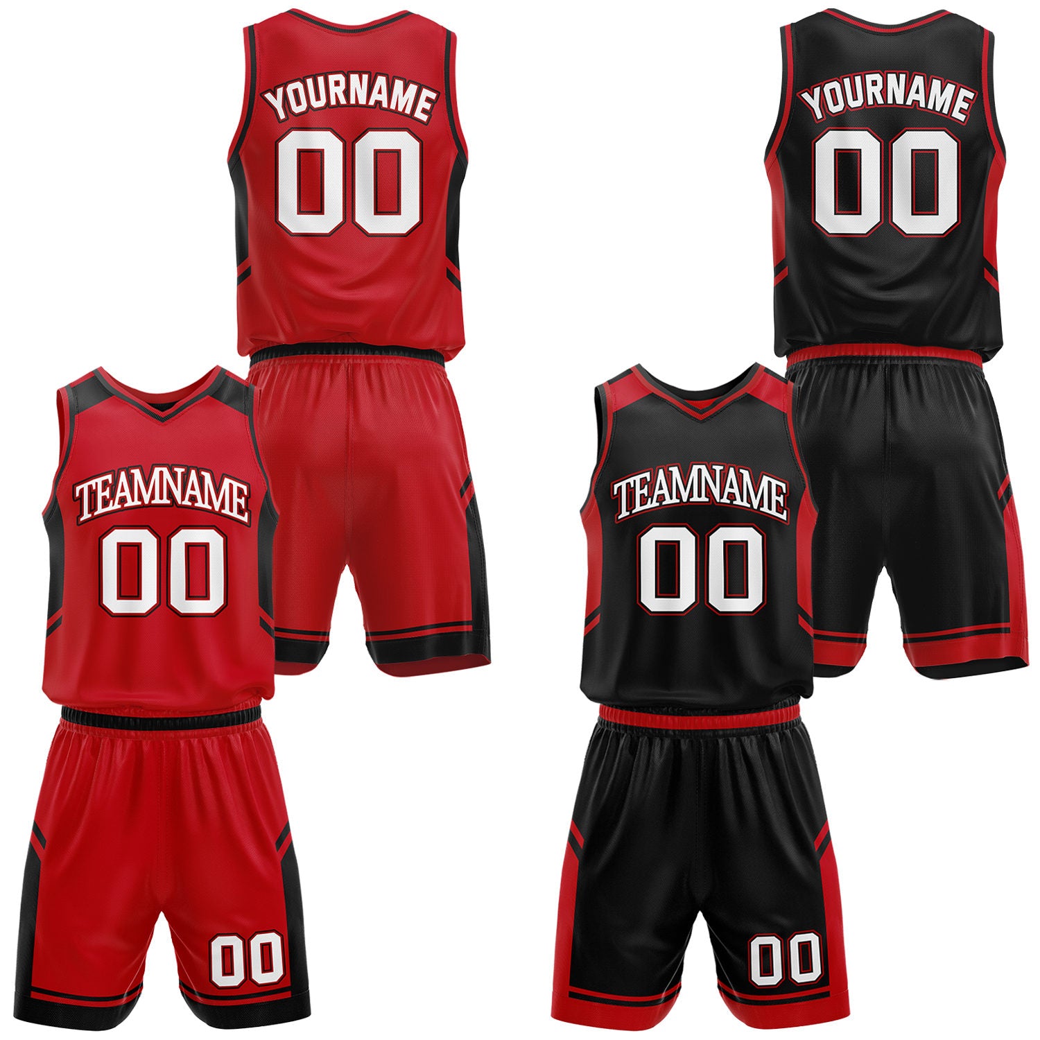 Custom red and black middle school basketball uniforms, reversible jersey and shorts set with personalized name & number, breathable mesh for adult & youth.