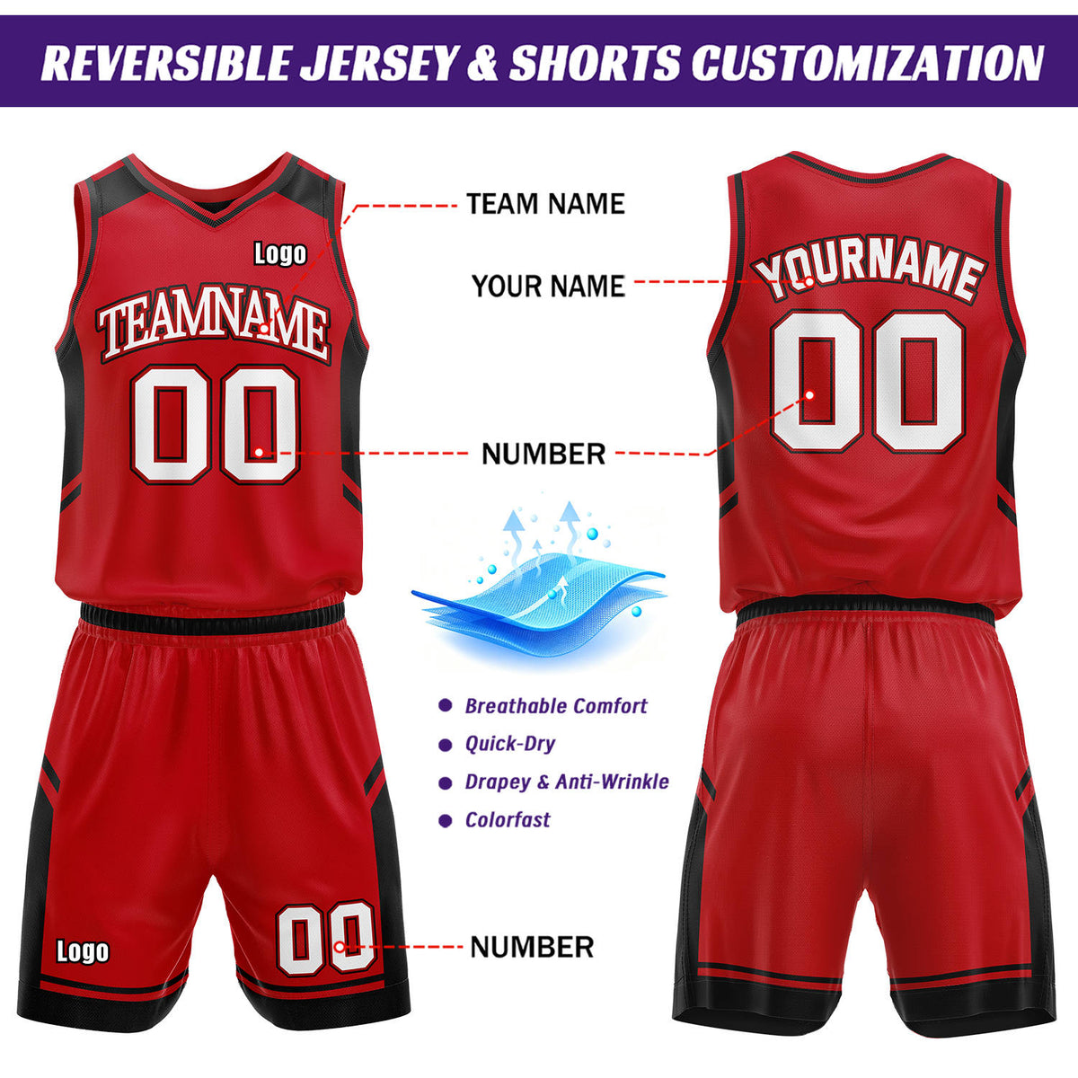 Custom Reversible Basketball Uniform Set | Red & Black V-Neck Sleeveless Jersey & Athletic Shorts