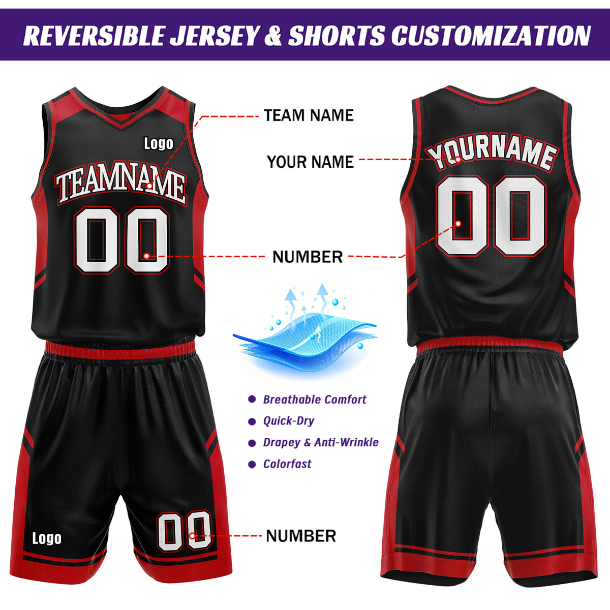 Custom Reversible Basketball Uniform Set | Red & Black V-Neck Sleeveless Jersey & Athletic Shorts