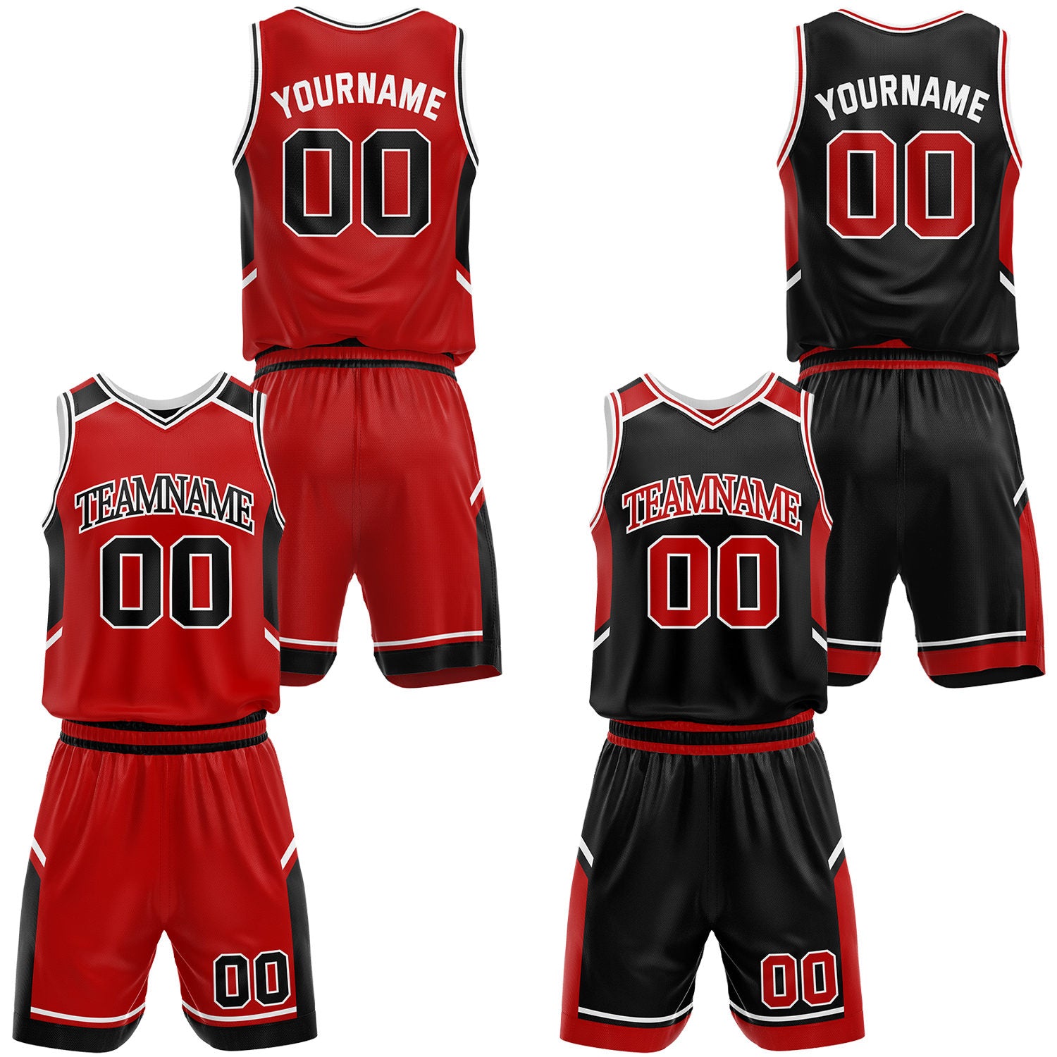 Custom red and black school basketball uniform set, personalized name, number and logo, breathable mesh for youth & adult.