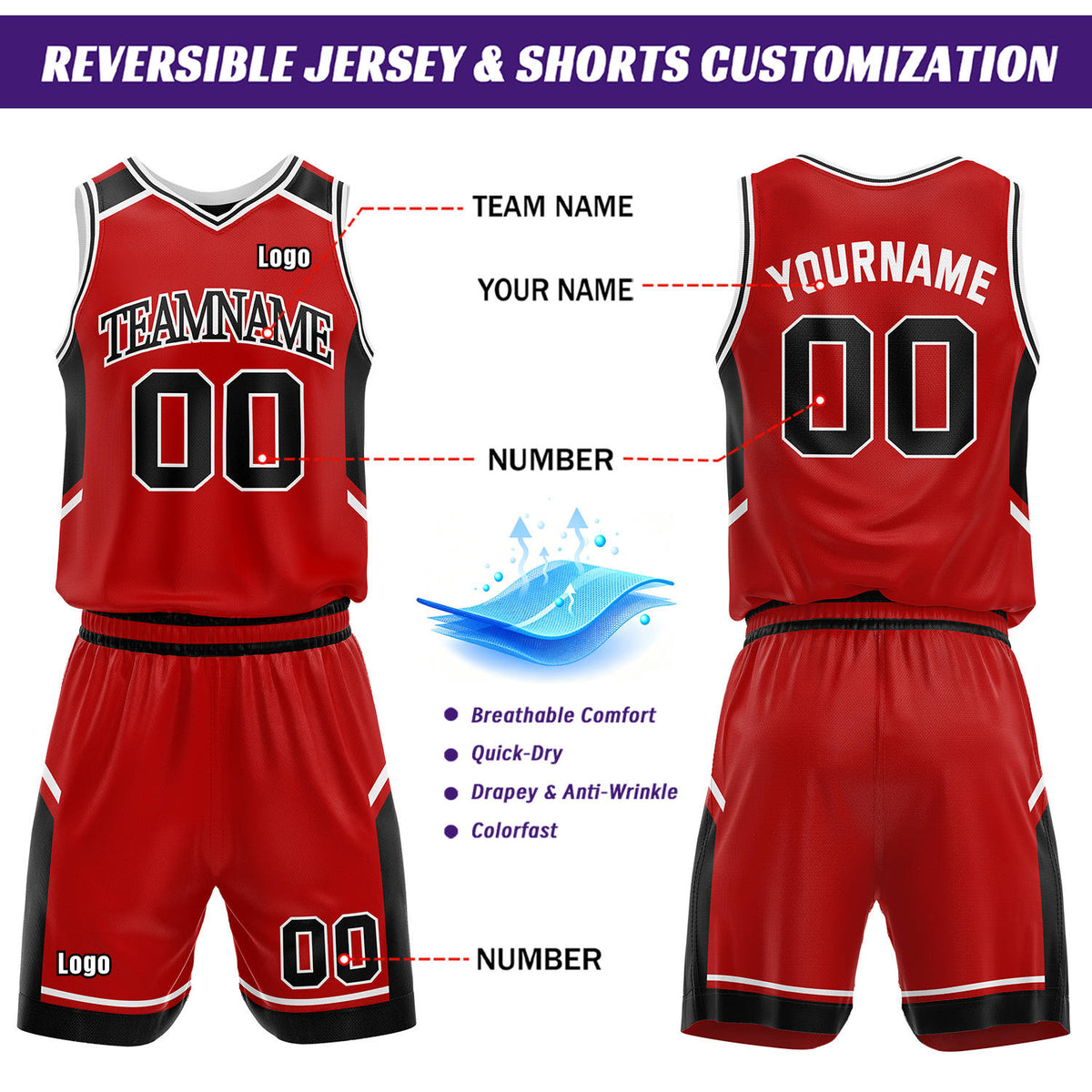 Custom Reversible Basketball Uniform Set | Red & Black V-Neck Sleeveless Jersey & Athletic Shorts