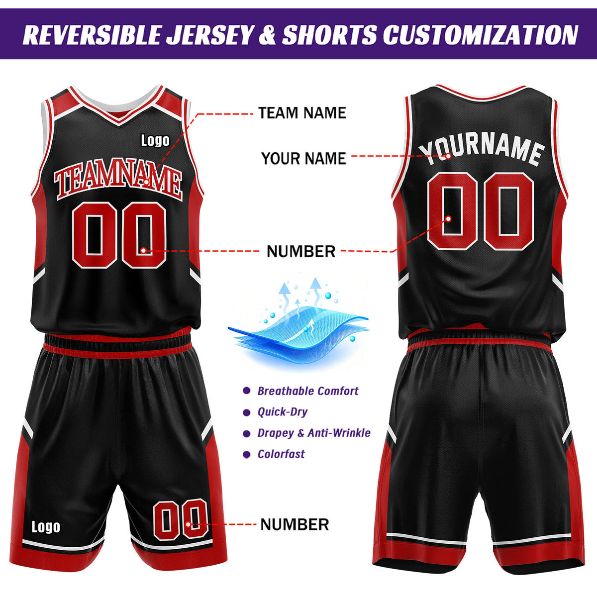 Custom Reversible Basketball Uniform Set | Red & Black V-Neck Sleeveless Jersey & Athletic Shorts