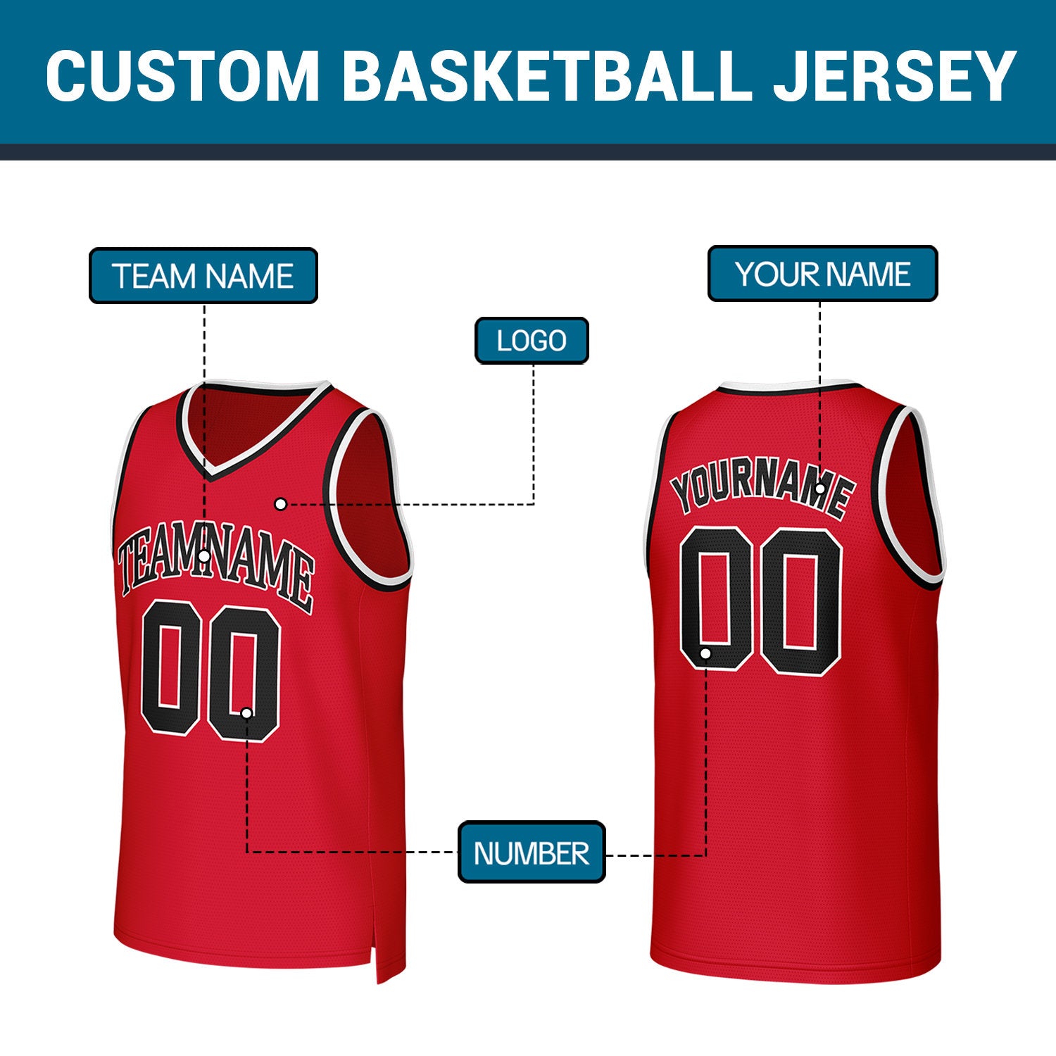 Custom Red Black Stitched Basketball Jersey | Personalized Name Number Logo Mesh Sports Jersey