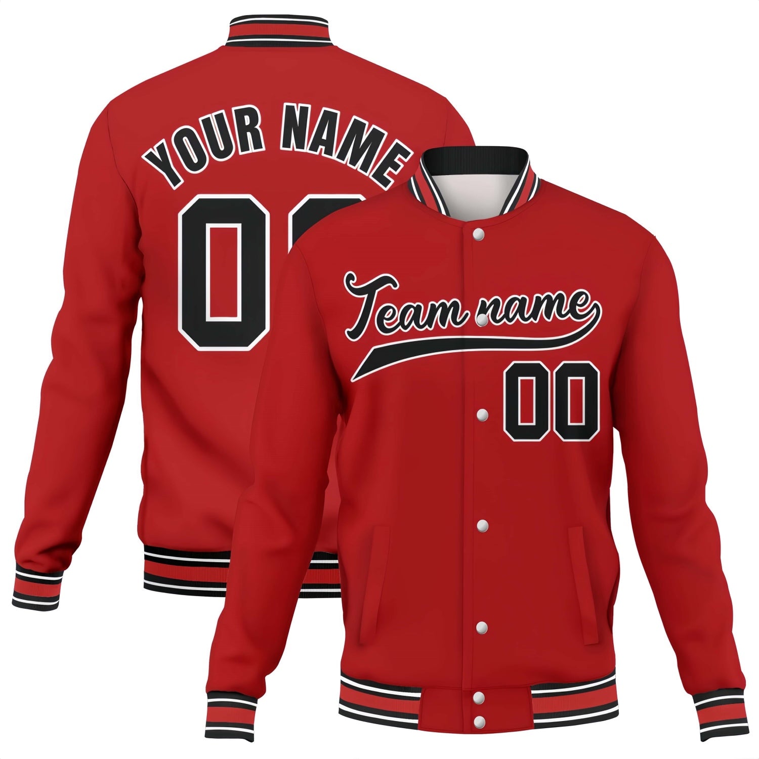 Custom red-black stitched varsity baseball jacket by Vosoli | Personalized team name & number button-front jacket for youth & adults