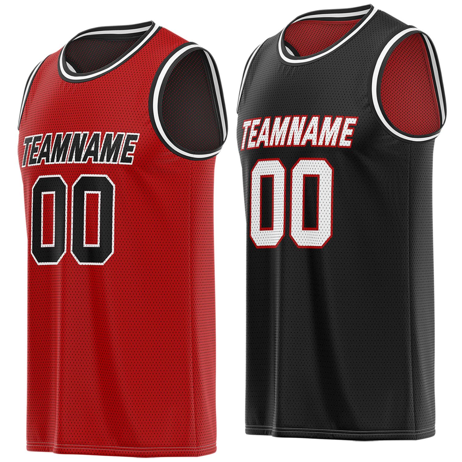 Custom red & black reversible basketball jersey, personalized team name number breathable mesh sports top with white trim for men women youth game practice - Vosoli