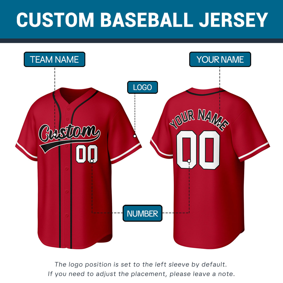 Custom Stitched Baseball Jersey Red Black White  | Personalized Name & Number | Team Uniform