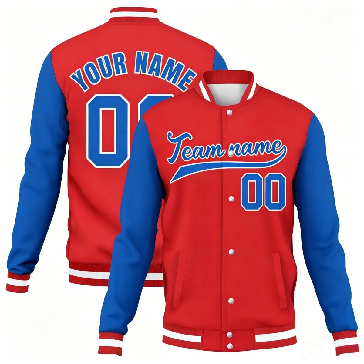 Custom red-blue contrast sleeve stitched varsity baseball jacket by Vosoli | Personalized team name &amp; number jacket for youth &amp; adults