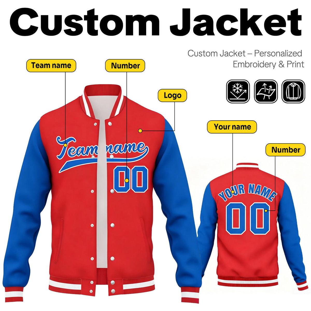 Custom Red & Blue Contrast Sleeve Varsity Baseball Jacket | Personalized Team Name & Number
