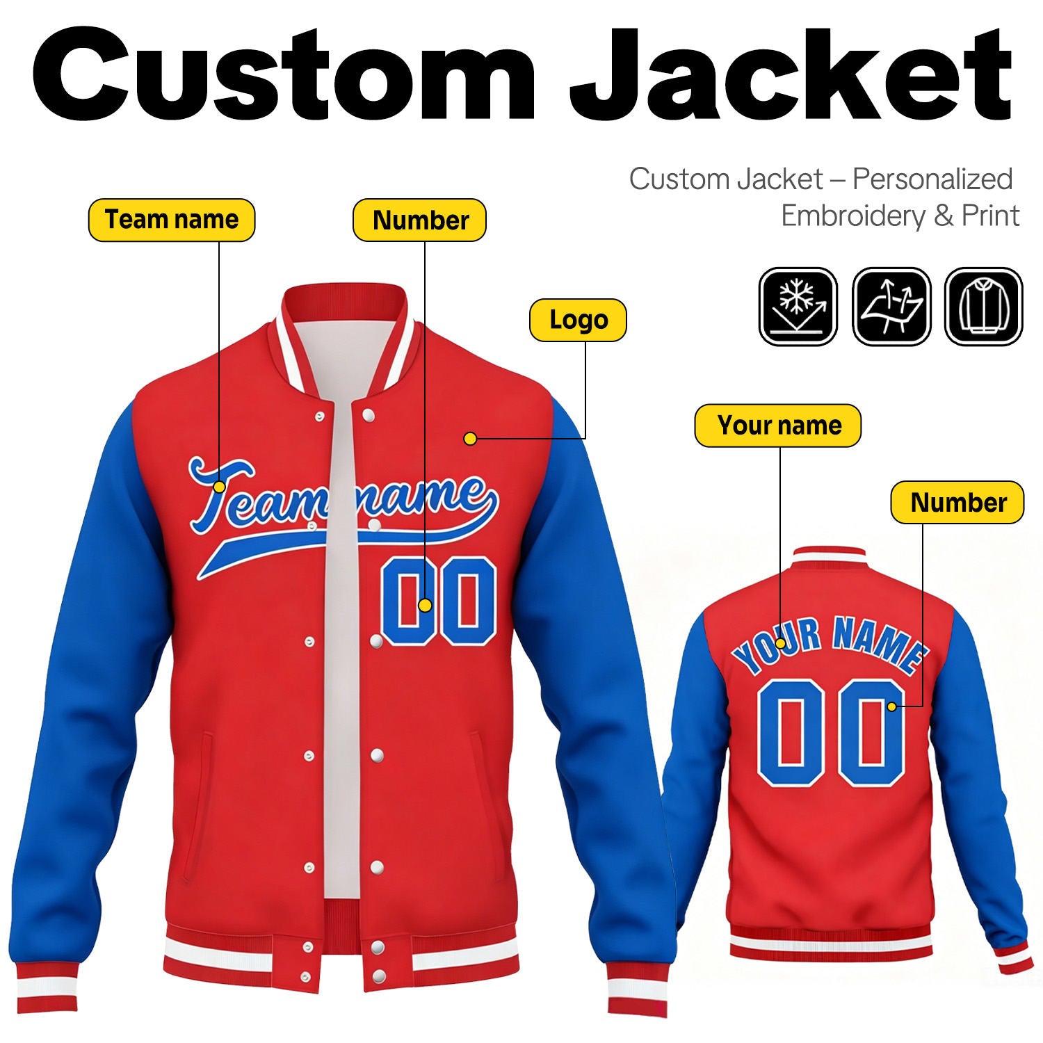 Custom Red & Blue Contrast Sleeve Varsity Baseball Jacket | Personalized Team Name & Number
