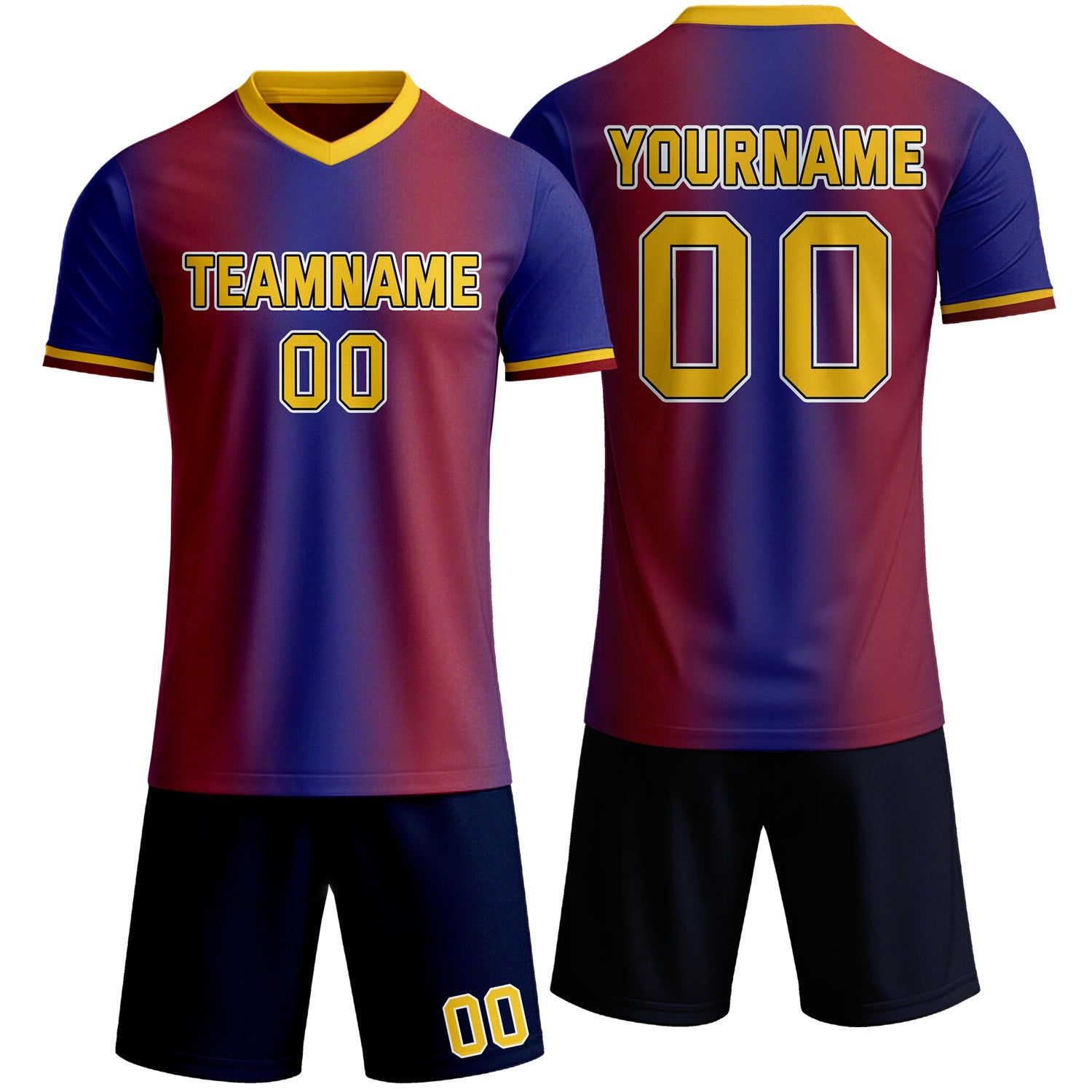 Custom red & blue gradient soccer jersey set, personalized name number team logo, short-sleeve jersey with matching shorts sports uniform for men women youth adult game practice - Vosoli