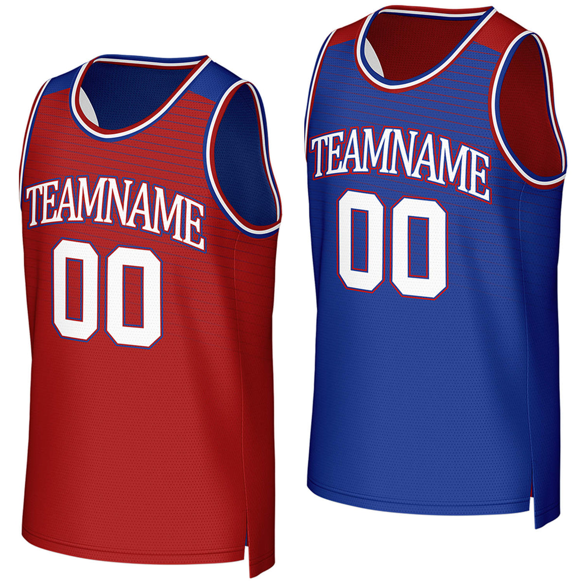 Custom red & blue reversible basketball jersey by Vosoli. Personalized with team name, player name, number, and logo on both sides. Breathable mesh 2-in-1 jersey for high school, college, AAU teams.