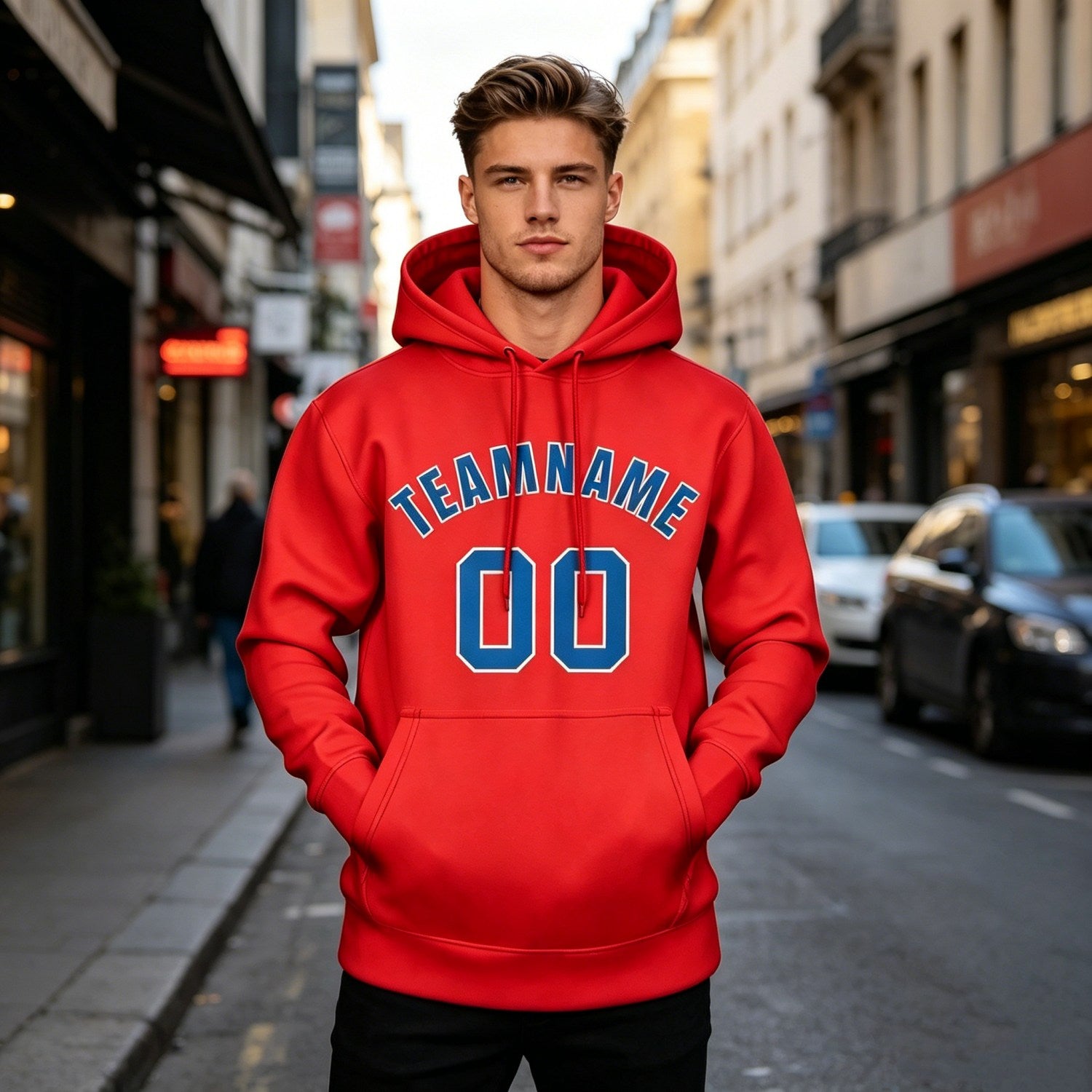 Custom Red & Blue Hoodie | Personalized Name & Number Sports Pullover | Vosoli