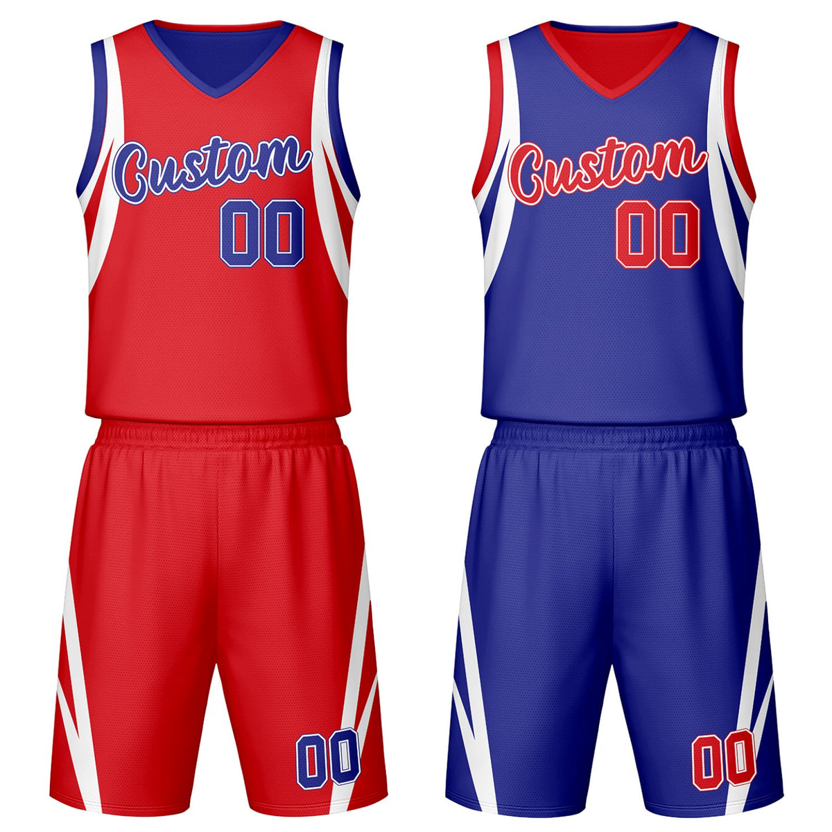 Custom red & blue reversible basketball jersey set with shorts by Vosoli | Personalized team name, number & logo | Breathable mesh sport jersey uniform