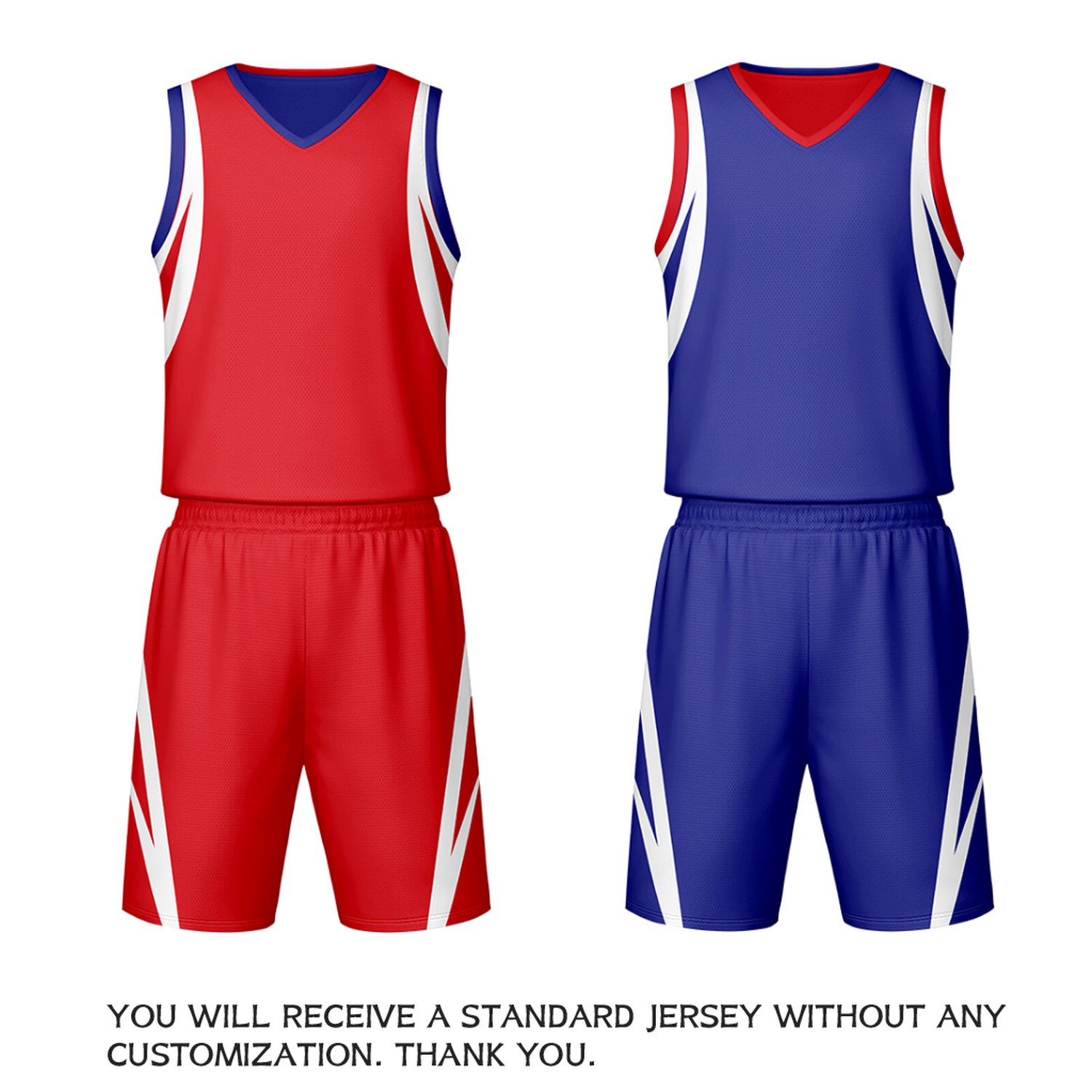 Custom red & blue reversible basketball jersey set with shorts by Vosoli | Personalized team name, number & logo | Breathable mesh sport jersey uniform