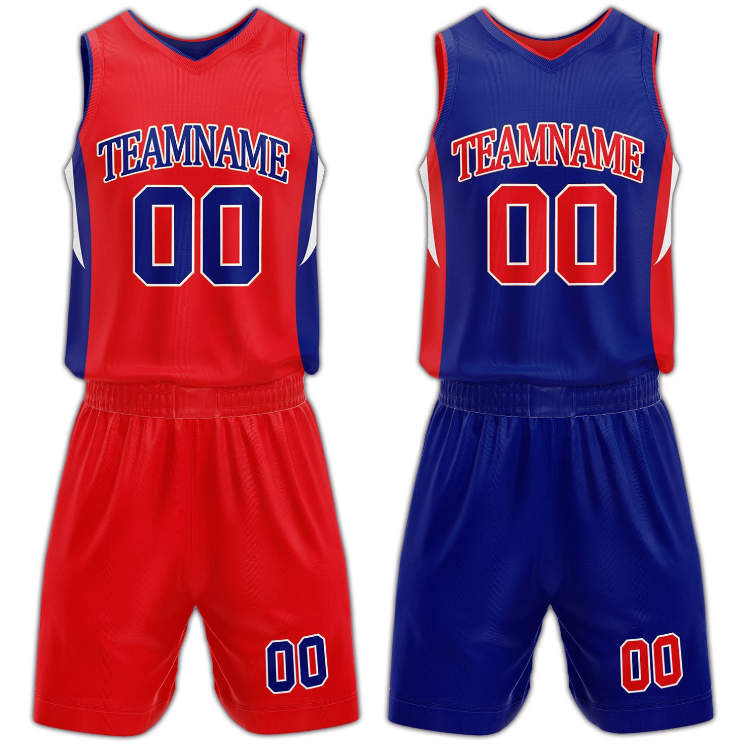 Custom red and blue reversible basketball uniform by Vosoli. Personalized with team name, number, and logo. Breathable mesh jersey and shorts for high school, college, and AAU teams.