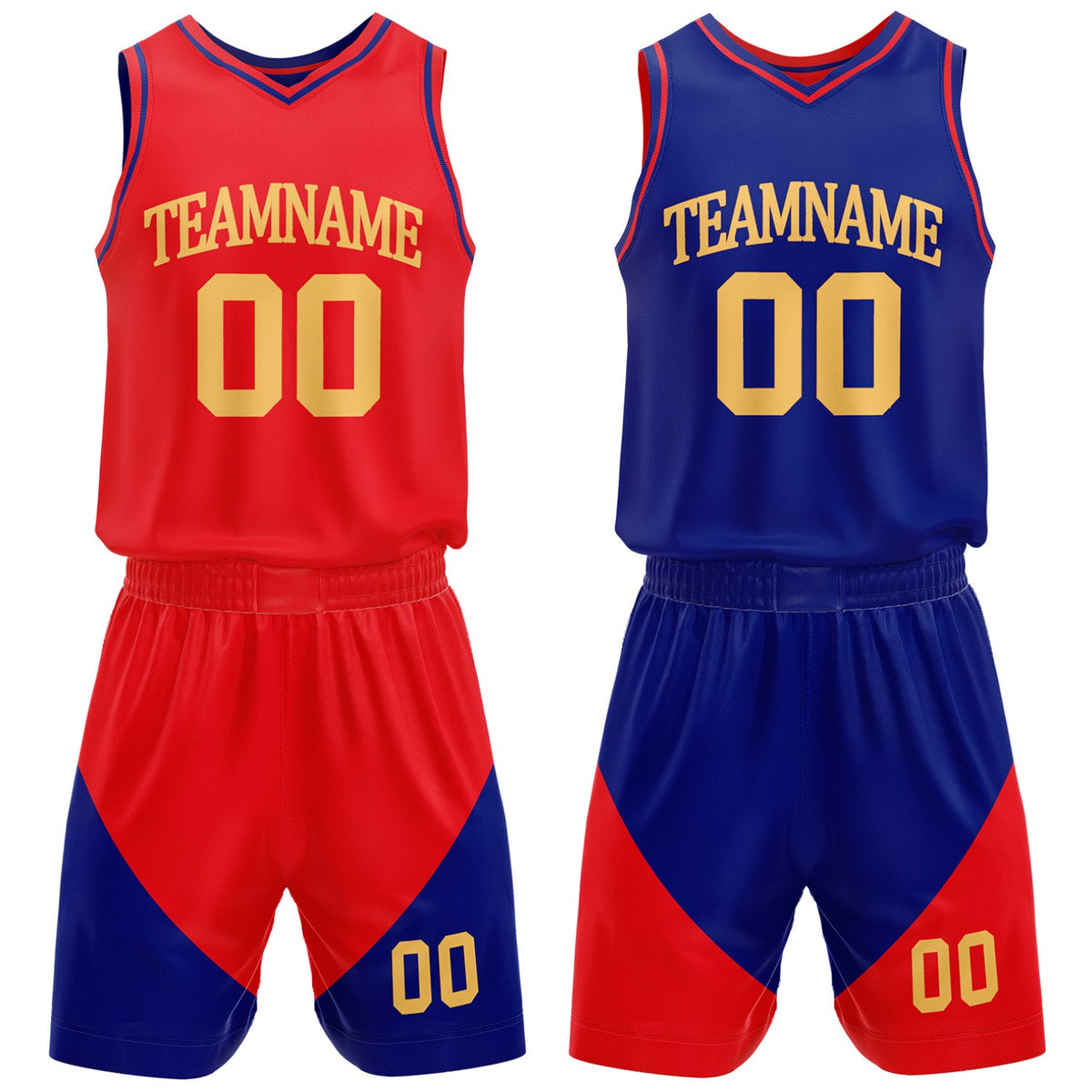 Custom red and blue reversible basketball uniform by Vosoli. Personalized with team name, number, and logo. Breathable mesh jersey and shorts for high school, college, AAU teams.