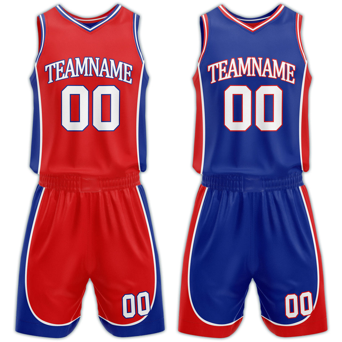 Custom red and blue reversible basketball uniform by Vosoli. Personalized with team name, number, and logo. Breathable mesh jersey and shorts for high school, college, AAU teams.